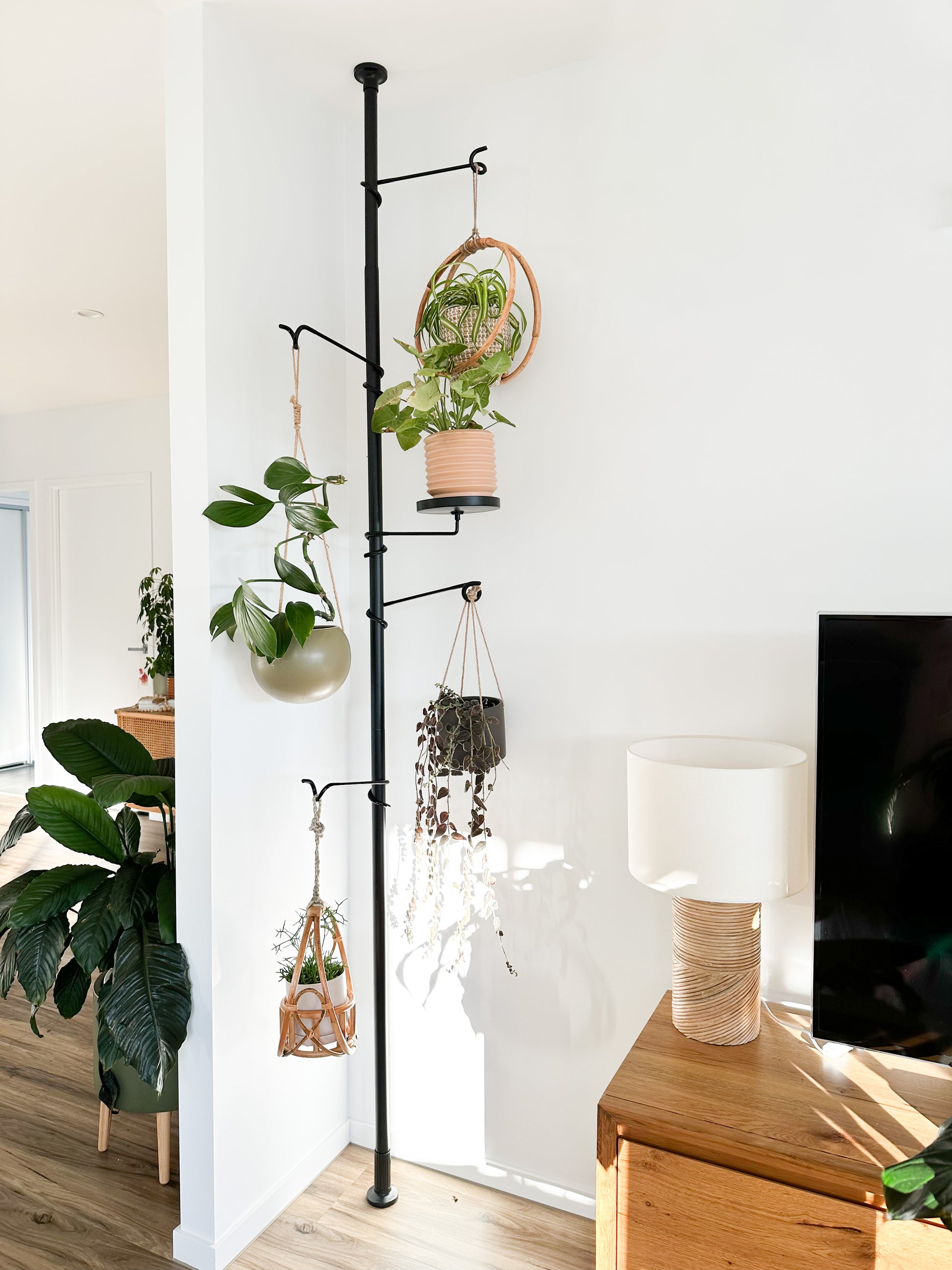 Tension Plant pole featuring hanging plants and tray style addition. Rattan Planter, Hanging pot, Greenery
